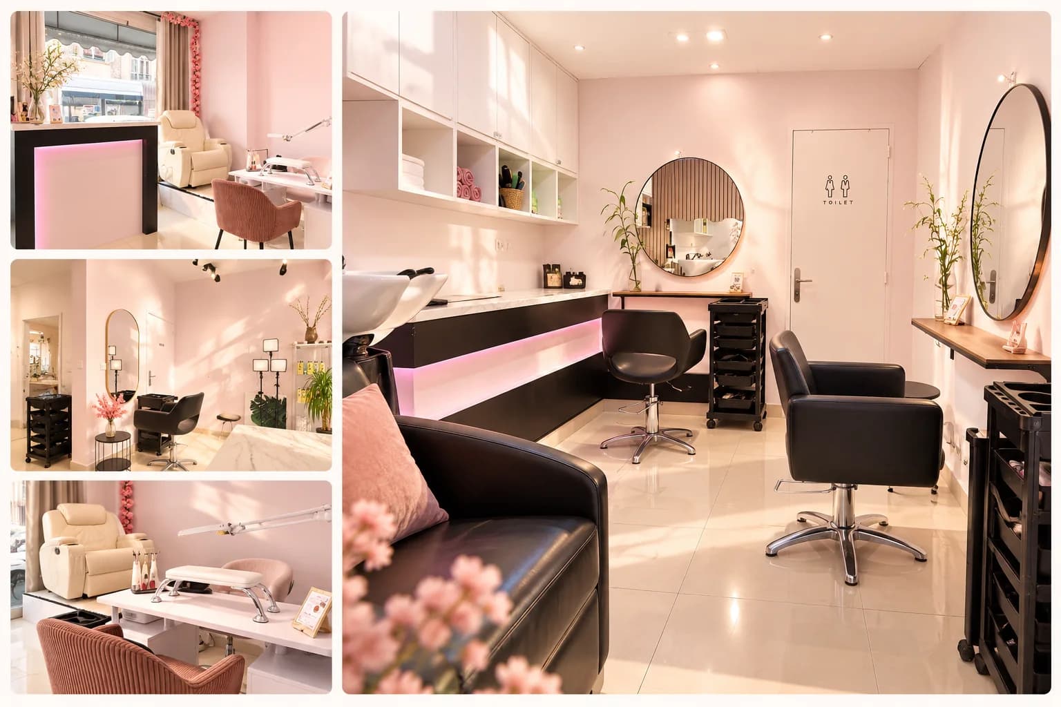 Intérieur lumineux du salon YU Beauty à Nice avec espaces coiffure, manucure et soins